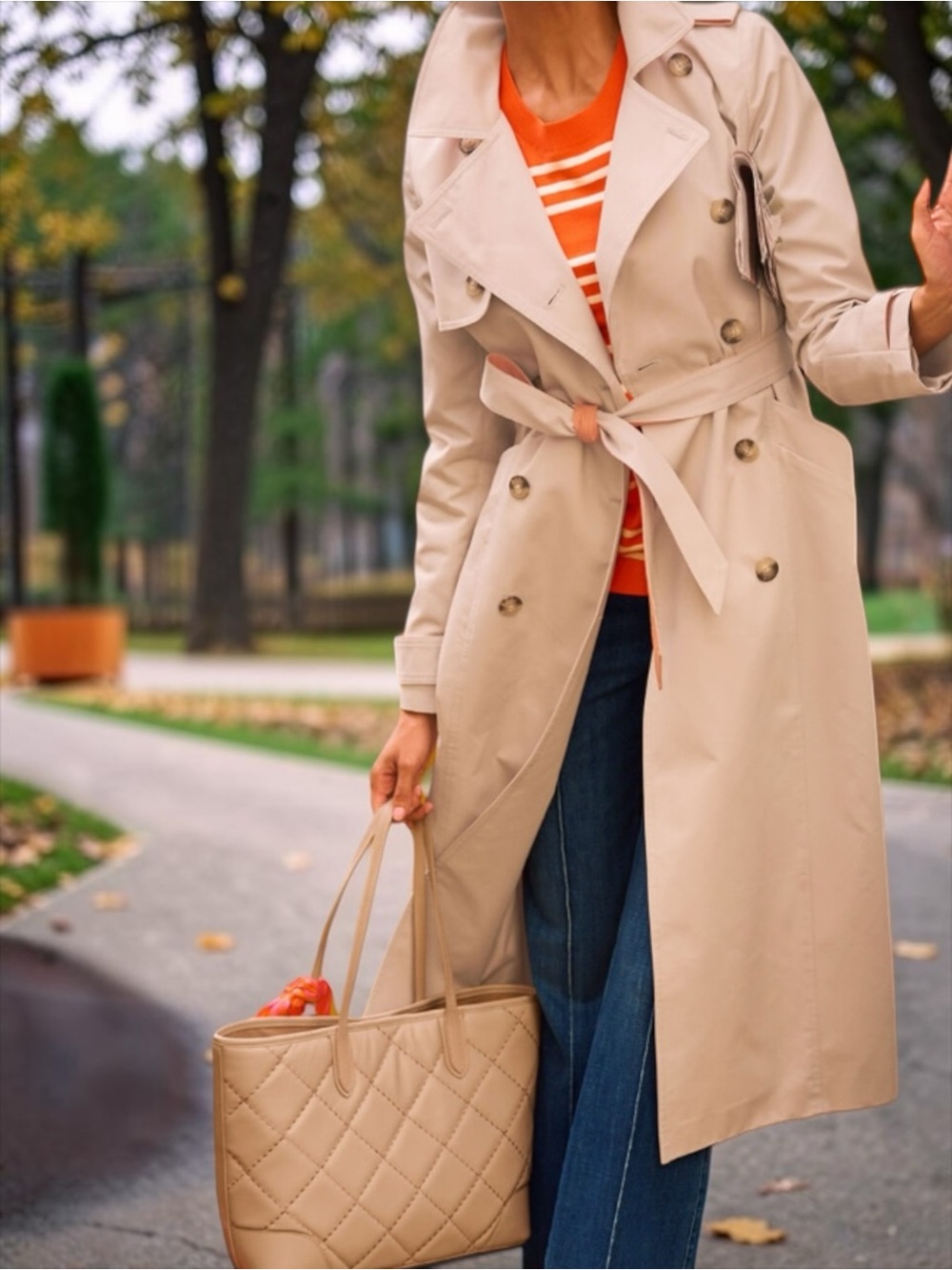 Talbots Long Double-Breasted Twill Trench Coat Beige Tan Orange Pop Belt Size L